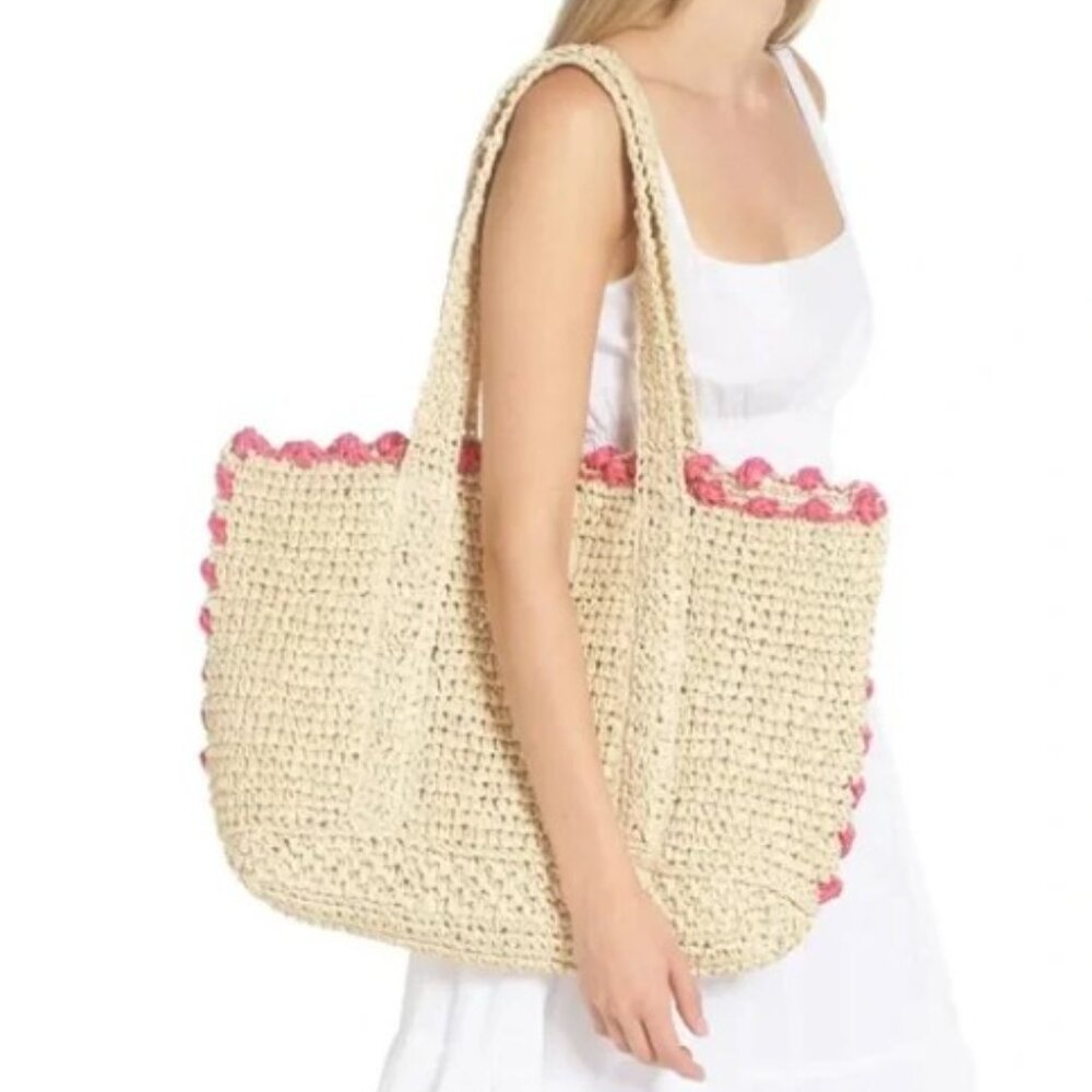 BTB Beyond The Beach Lisbeth Pompom Woven Paper Straw Tote Bag in Fuchsia